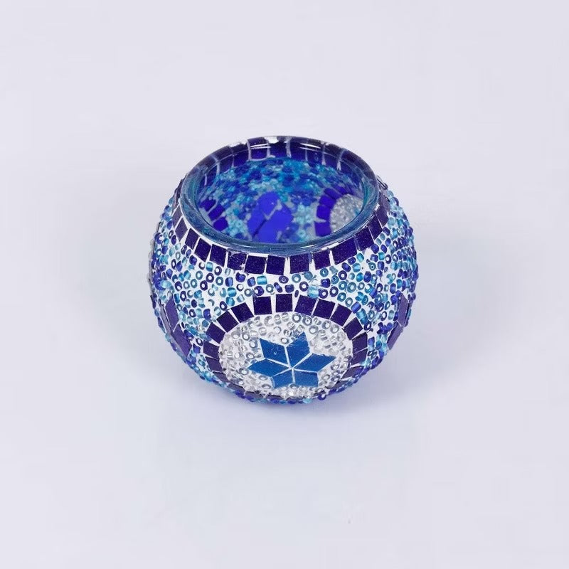 Kafthan 3.4 in. Handmade Blue and White Mosaic Glass Votive Candle Holder