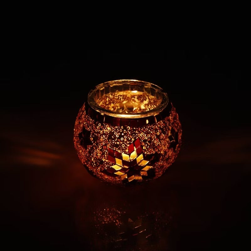 Kafthan 3.4 in. Handmade Ecru and Brown Mosaic Glass Votive Candle Holder