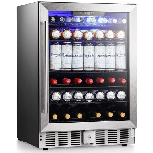 R.W.FLAME 5.1 Cu.Ft Beverage Fridge, 24 Inch, 166-Can, Low Noise, Glass Door, Stainless Steel