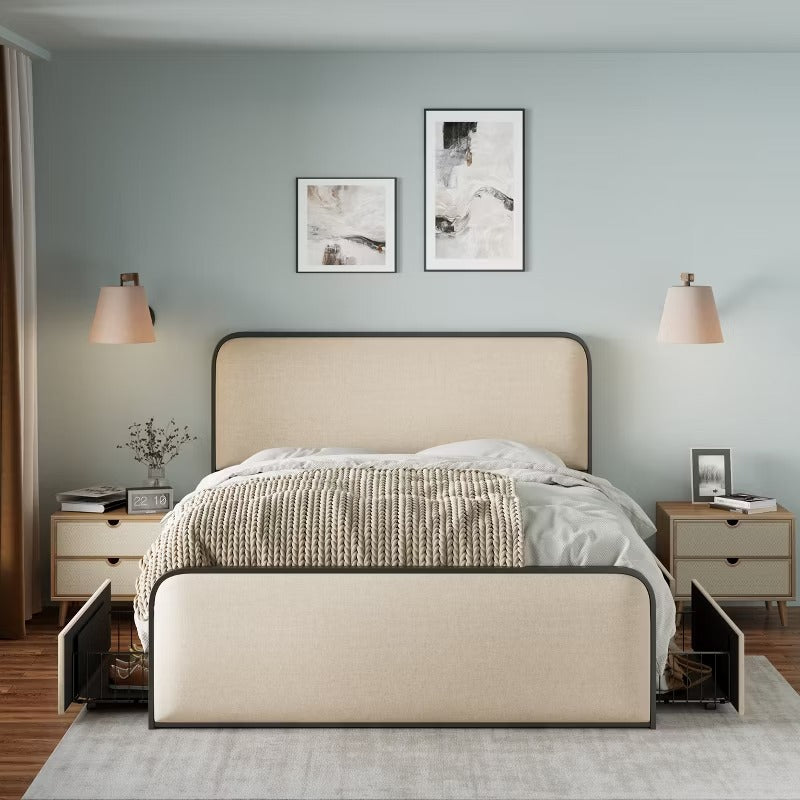 Queen/King Size Metal Platform Bed with Curved Upholstered Headboard and Footboard Bed