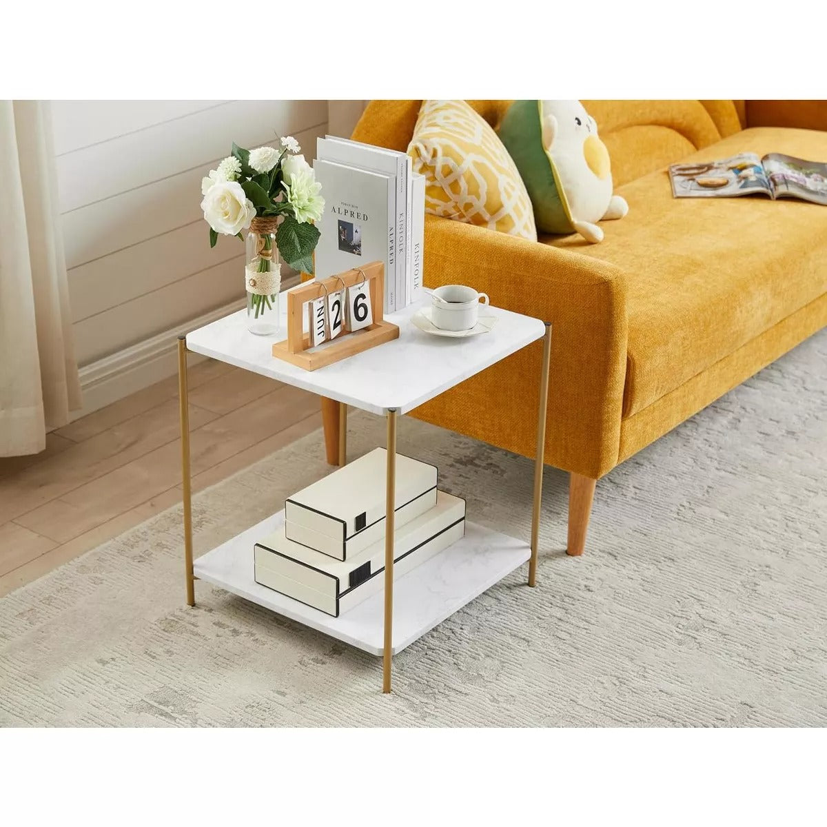 Kings Brand Furniture - Side End Table with Faux Marble Storage Shelves & Gold Metal Frame, White