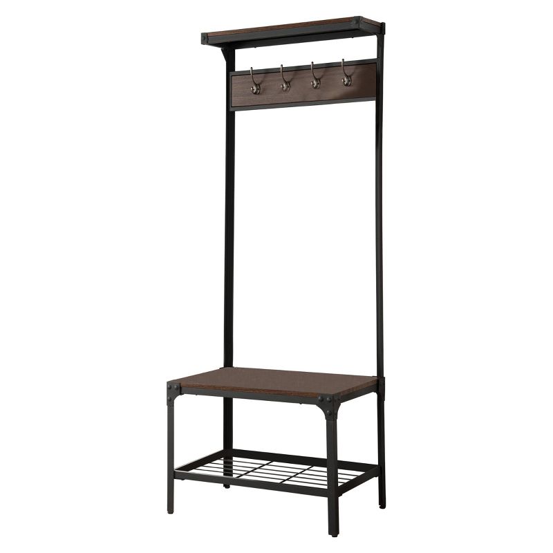 Kings Brand Furniture Joslin Entryway Bench with Storage Rack - Metal Shoe Rack & Coat Rack with Shelf & Hooks- Black/Walnut