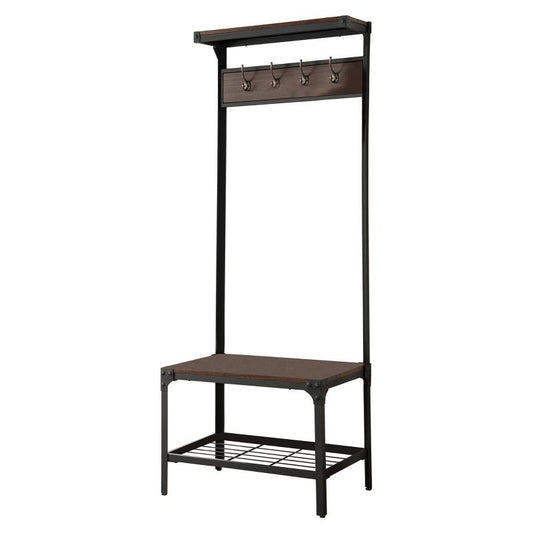 Kings Brand Furniture Joslin Entryway Bench with Storage Rack - Metal Shoe Rack & Coat Rack with Shelf & Hooks- Black/Walnut