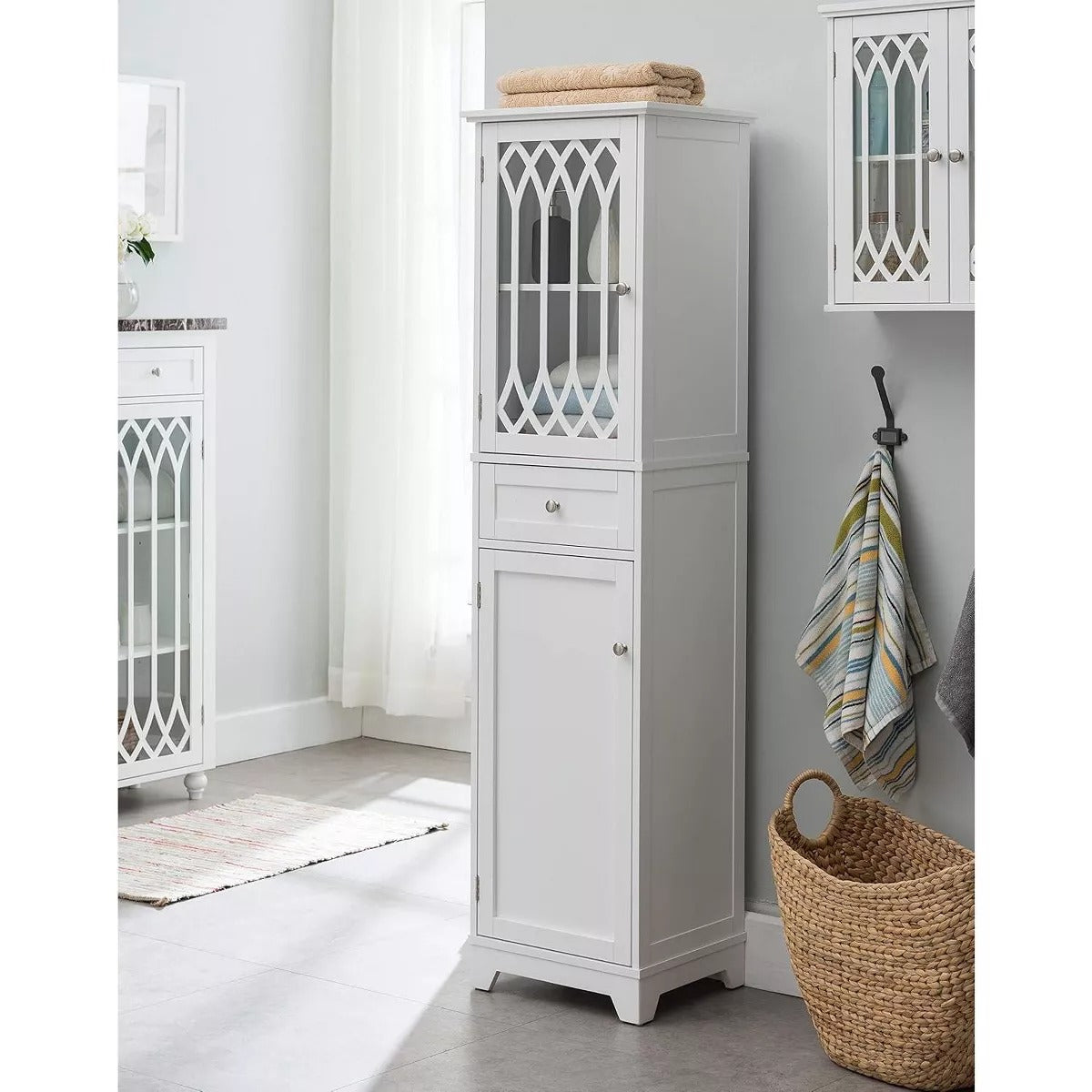 Kings Brand Furniture - Tall Bathroom Storage Cabinet with 2 Doors & 1 Drawer, Freestanding Floor Linen Cabinet, White