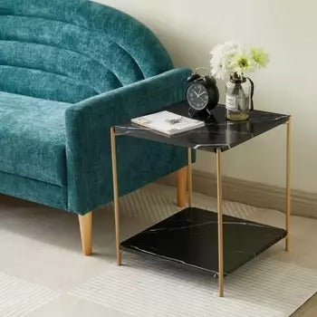 Kings Brand Furniture - Side End Table with Faux Marble Storage Shelves & Metal Frame