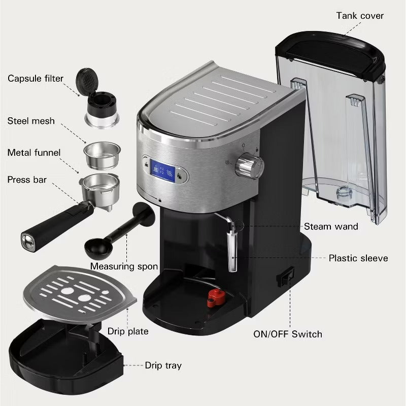 R.W.FLAME Espresso Machine for Home with Milk Frother Steam Wand, Latte & Cappuccino Machine with LED Panel, Removable Water Tank