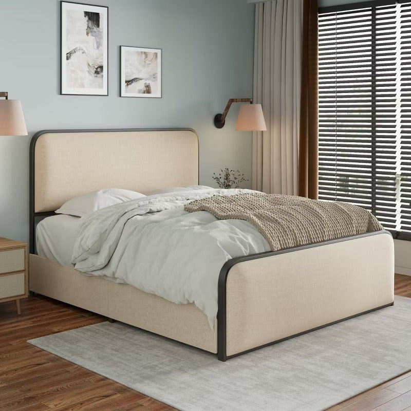 Queen/King Size Metal Platform Bed with Curved Upholstered Headboard and Footboard Bed