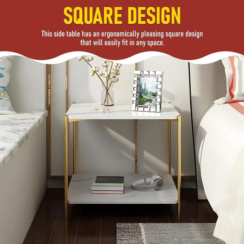 Kings Brand Furniture - Side End Table with Faux Marble Storage Shelves & Gold Metal Frame, White