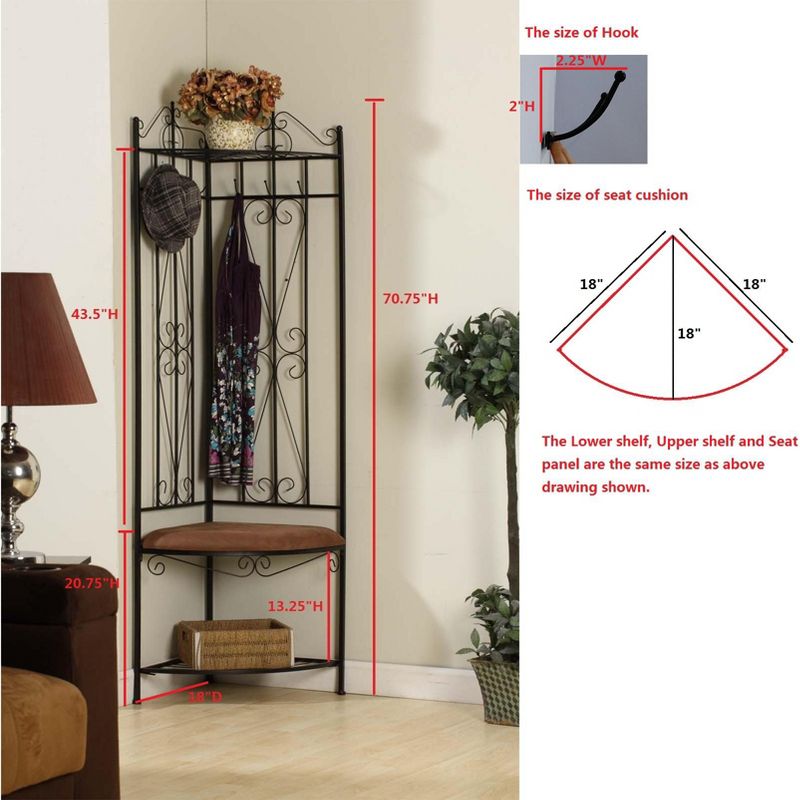 Kings Brand Furniture Kandinsky Corner Entryway Hallway Rack with Bench & 6 Hooks, Black