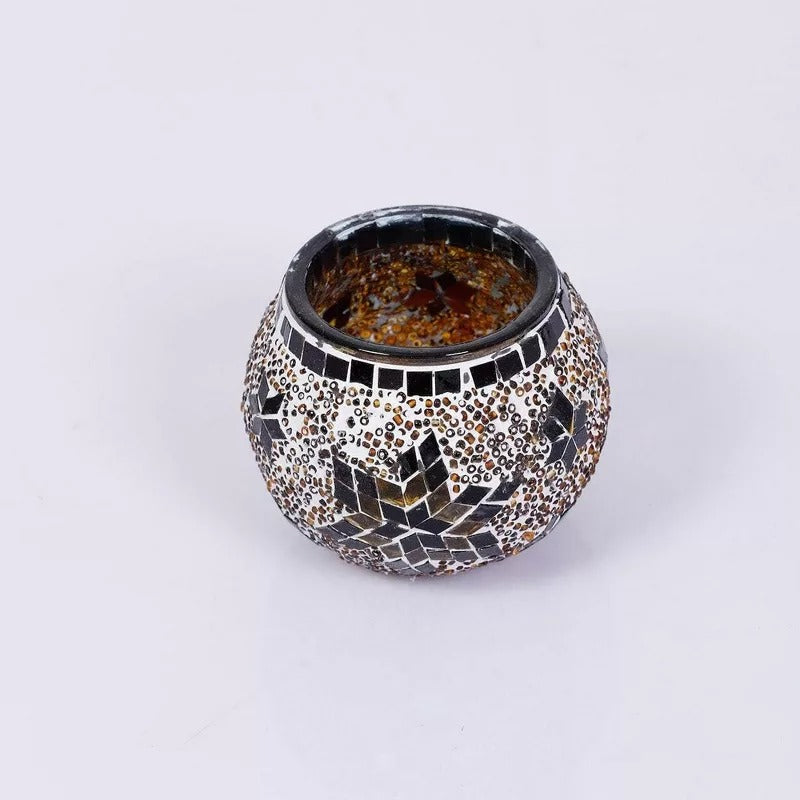 Kafthan 3.4 in. Handmade Ecru and Brown Mosaic Glass Votive Candle Holder