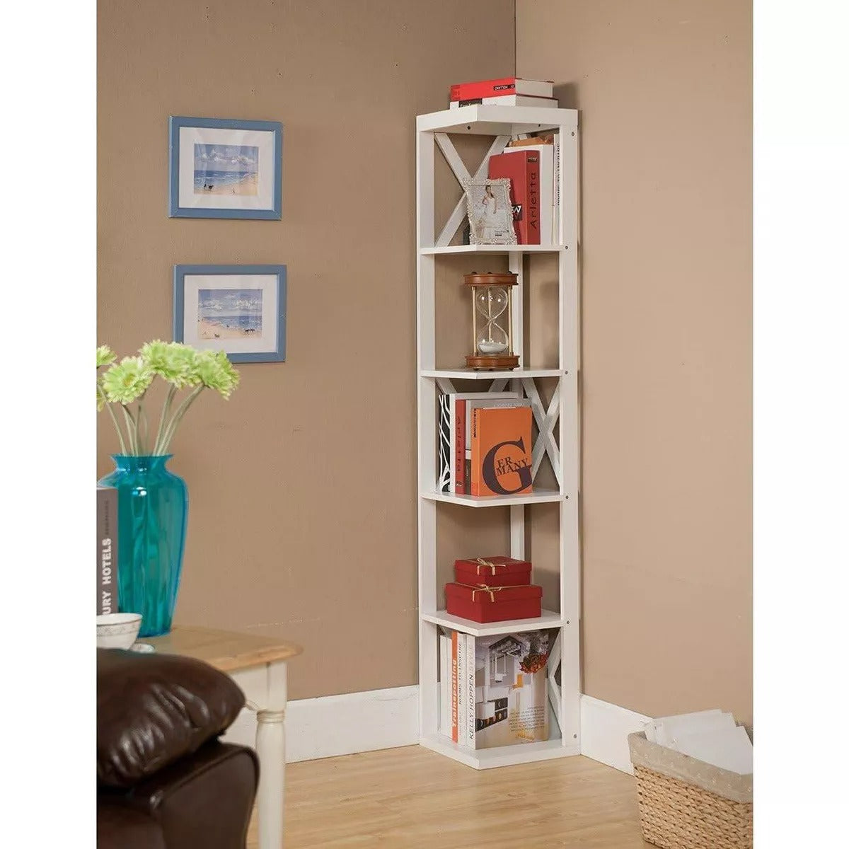 Kings Brand Furniture - Whiteley Wood Wall Corner 5 Tier Bookshelf Display Stand, White