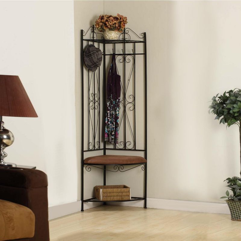 Kings Brand Furniture Kandinsky Corner Entryway Hallway Rack with Bench & 6 Hooks, Black