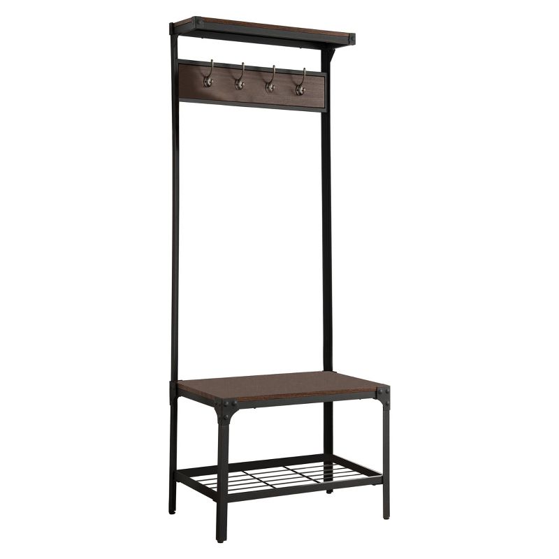 Kings Brand Furniture Joslin Entryway Bench with Storage Rack - Metal Shoe Rack & Coat Rack with Shelf & Hooks- Black/Walnut