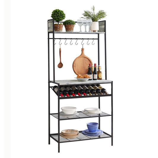 Kings Brand Furniture Lindsay Gray Tile Bakers Rack with 9 Wine Bottle Capacity Rack & 8 Hooks Black