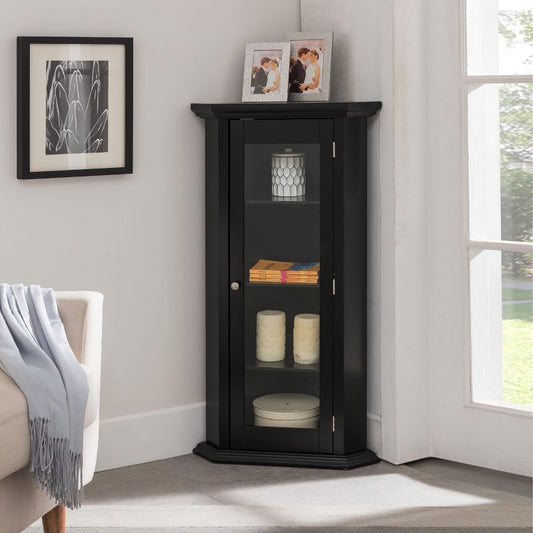 Kings Brand Furniture Cambridge Corner Curio Storage Cabinet with Glass Door, Black