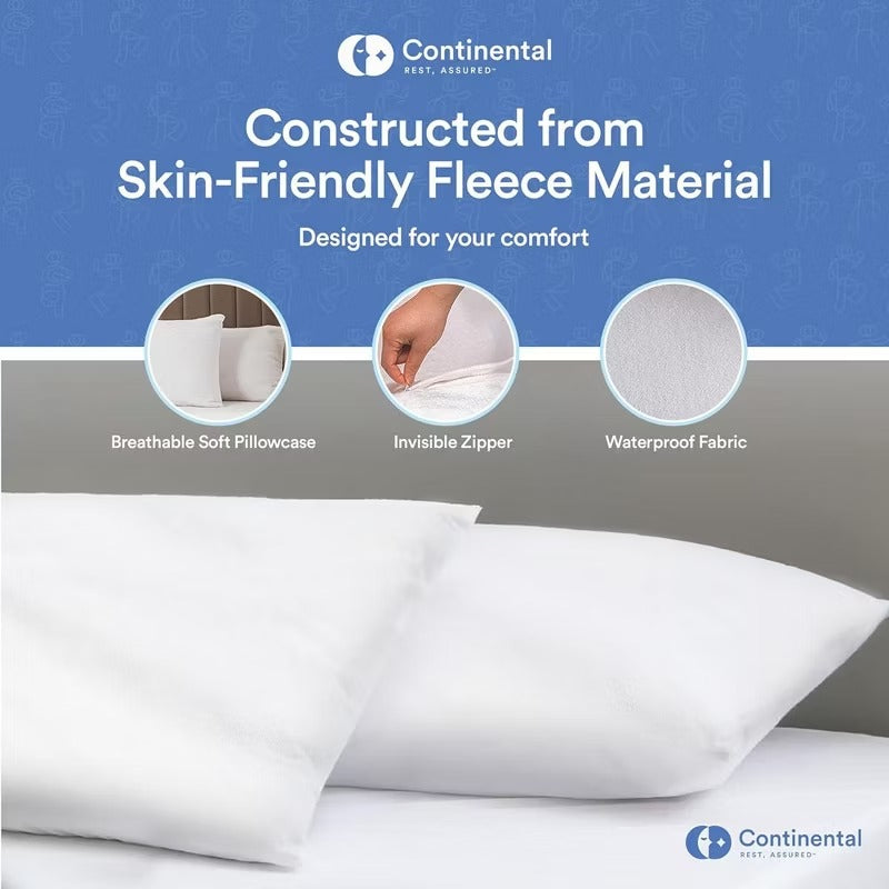 Continental Bedding Feather Proof, Waterproof and Down Proof Zippered Fleece Pillow Protectors Pack of 1