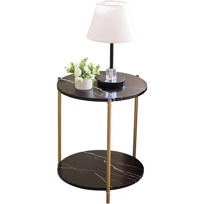 Kings Brand Furniture - Side End Table with Faux Marble Storage Shelves & Gold Metal Frame Black